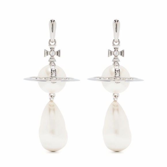 Vivienne Westwood Jewelry - VIVIENNE WESTWOOD ORB BAROQUE PEARL DROP EARRINGS – SILVER
